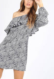 White Animal Print One Shoulder Ruffle Mini Dress