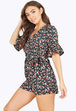 Black Multi Floral Print Ruffle Cuff Wrap Front Playsuit