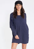 Navy Polka Jersey Oversized Long Sleeve Dip Hem Batwing Top