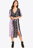 Black and Lilac Split Front Mixed Floral Print Wrap Midi Dress