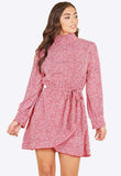 Red Shirred High Neck And Cuff Belted Polkadot Mini Dress