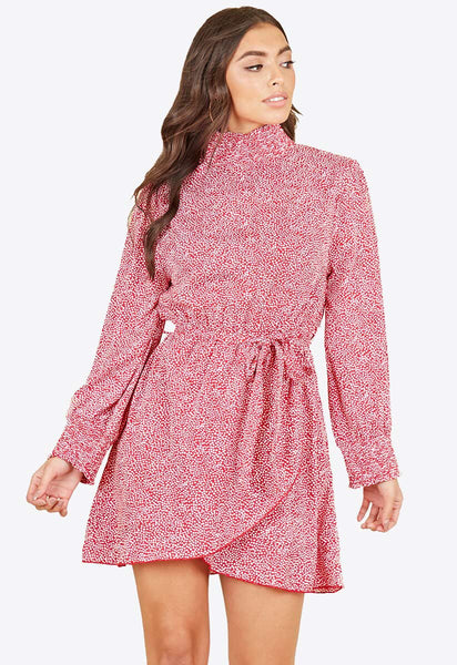 Red Shirred High Neck And Cuff Belted Polkadot Mini Dress