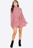 Red Shirred High Neck And Cuff Belted Polkadot Mini Dress