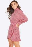 Red Shirred High Neck And Cuff Belted Polkadot Mini Dress