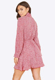 Red Shirred High Neck And Cuff Belted Polkadot Mini Dress