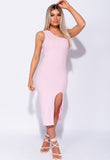 Baby Pink One Shoulder Thigh Split Bodycon Midi Dress