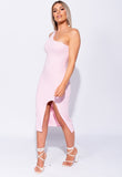 Baby Pink One Shoulder Thigh Split Bodycon Midi Dress