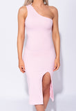 Baby Pink One Shoulder Thigh Split Bodycon Midi Dress