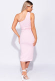 Baby Pink One Shoulder Thigh Split Bodycon Midi Dress