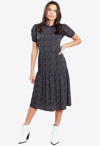 Black Lilac Spot Short Sleeve Midi Dress