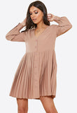 Stone Button Down Smock Dress with Pleat Skirt