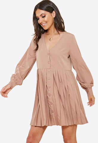 Stone Button Down Smock Dress with Pleat Skirt