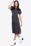 Black Lilac Spot Short Sleeve Midi Dress