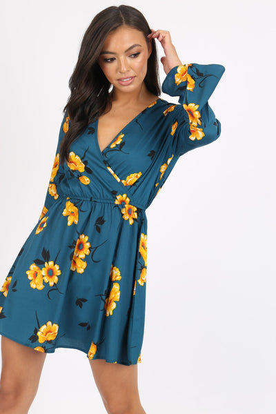 Teal Floral Flute Sleeve Skater Dress