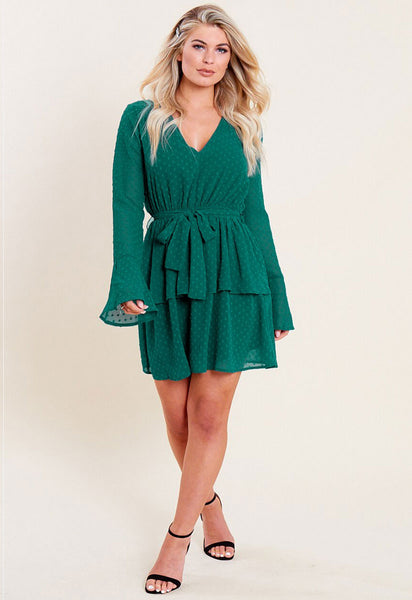 Green Dobby Sheer Flute Sleeve Plunge Neck Mini Skater Dress