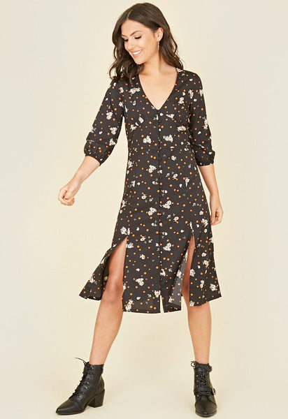 Black Spot Floral Button Through Midi Dress