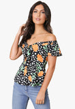 Black Floral Spot Print Bardot Tie Front Blouse