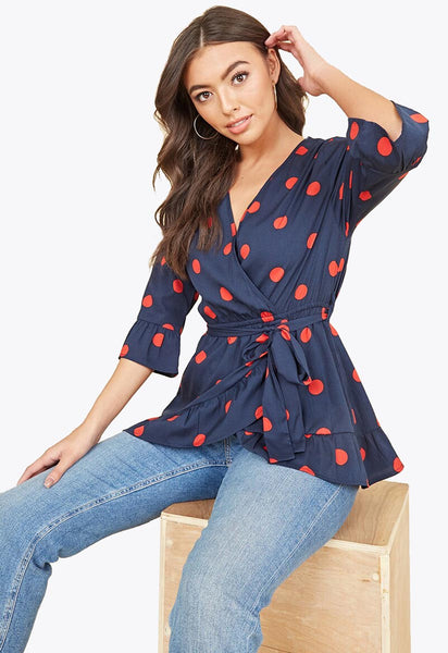 Navy Red Large Spot 3/4 Length Sleeve Wrap Top