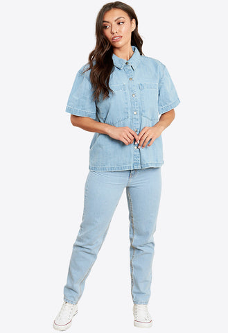 Blue Oversized Boxy Denim Shirt With Patch Pockets