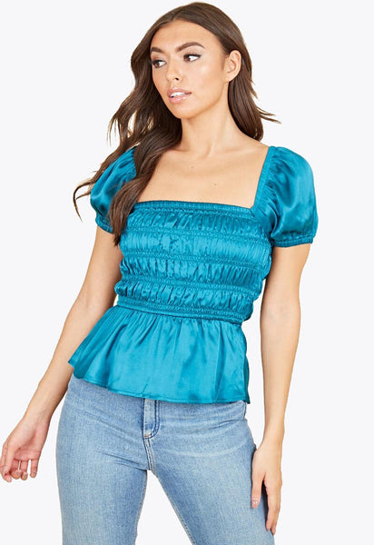 Teal Satin Milkmaid Ruched Panel Top With Peplum Hem