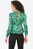 Green Satin Animal Print Long Sleeve Peplum Hem Top