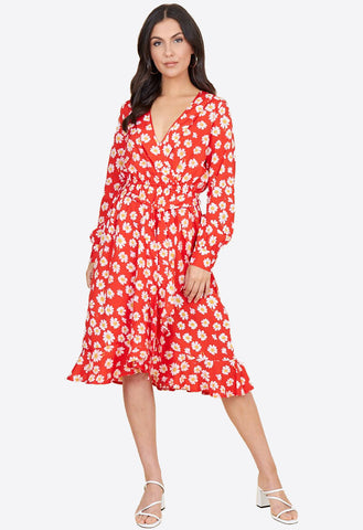 Red Daisy Floral Print Belted Ruffle Hem Wrap Midi Dress