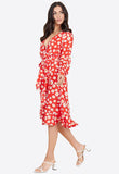 Red Daisy Floral Print Belted Ruffle Hem Wrap Midi Dress