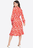 Red Daisy Floral Print Belted Ruffle Hem Wrap Midi Dress