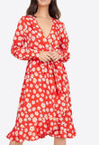 Red Daisy Floral Print Belted Ruffle Hem Wrap Midi Dress