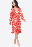 Red Daisy Floral Print Belted Ruffle Hem Wrap Midi Dress