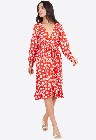 Red Daisy Floral Print Belted Ruffle Hem Wrap Midi Dress