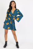 Teal Floral Flute Sleeve Skater Dress