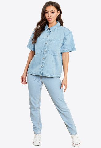 Blue Oversized Boxy Denim Shirt With Patch Pockets