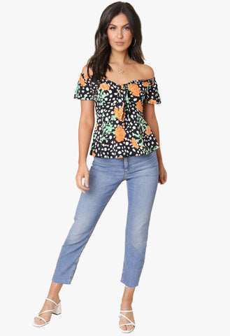 Black Floral Spot Print Bardot Tie Front Blouse