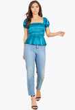 Teal Satin Milkmaid Ruched Panel Top With Peplum Hem