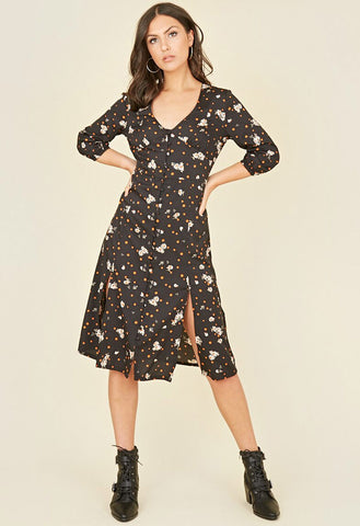 Black Spot Floral Button Through Midi Dress