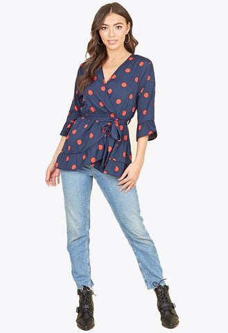 Navy Red Large Spot 3/4 Length Sleeve Wrap Top