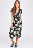 Floral Print Midi Wrap Dress With Button Detailing