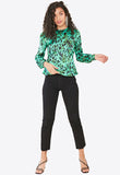 Green Satin Animal Print Long Sleeve Peplum Hem Top