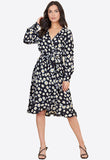 Black Daisy Floral Print Belted Ruffle Hem Wrap Midi Dress