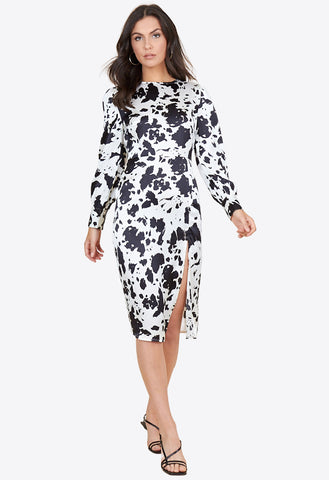 Black and White Cow Animal Print Satin Front Split Midi Dress