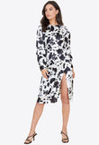 Black and White Cow Animal Print Satin Front Split Midi Dress