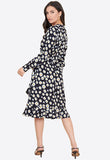 Black Daisy Floral Print Belted Ruffle Hem Wrap Midi Dress