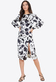 Black and White Cow Animal Print Satin Front Split Midi Dress