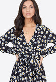 Black Daisy Floral Print Belted Ruffle Hem Wrap Midi Dress