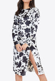 Black and White Cow Animal Print Satin Front Split Midi Dress