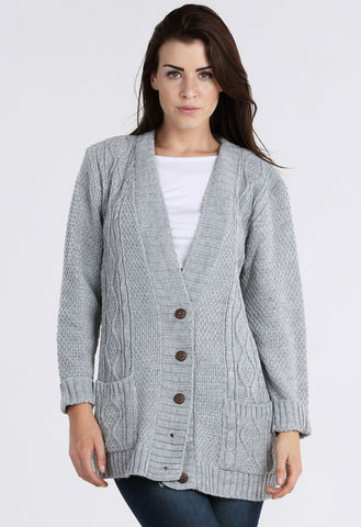 Grey Chunky Cable Knit Pocket Cardigan