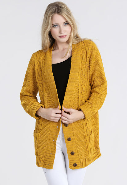 Mustard Chunky Cable Knit Pocket Cardigan