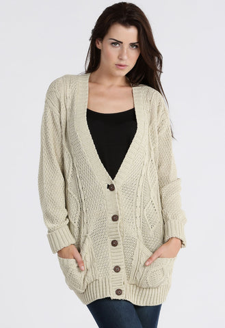 Stone Chunky Cable Knit Pocket Cardigan