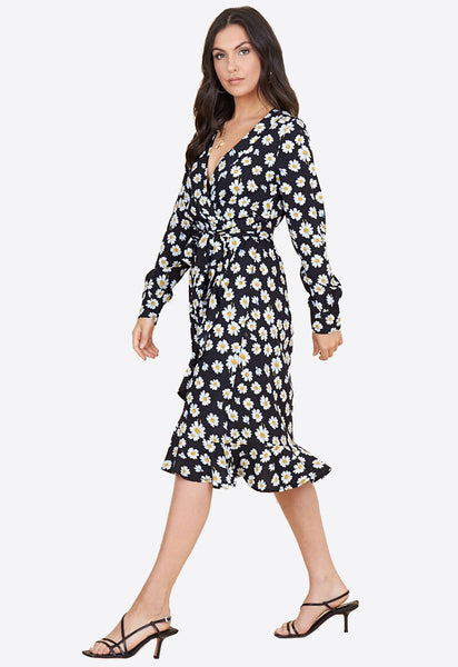 Black Daisy Floral Print Belted Ruffle Hem Wrap Midi Dress